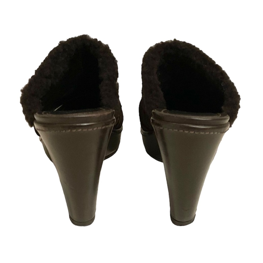 COACH ❤️ Brown Suede & Sherpa Patchwork Clogs Size 7.5 Platform High Heels Mules - Picture 4 of 5